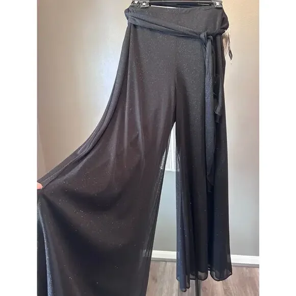 Onyx Nite Black Glitter Wide Leg Pants XL Wrap Tie Overlay Sheer Layer NWT - Picture 4 of 9